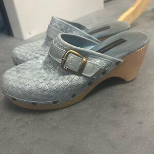 Steven by Steve Madden Bettian Blue Leather Woven Clogs with Buckle